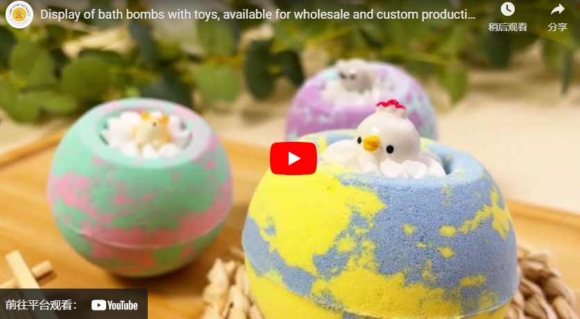 Display of bath bombs with toys, available for wholesale and custom production